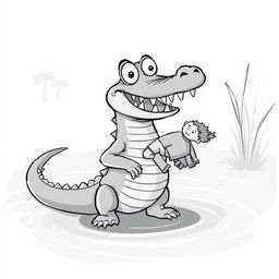 A whimsical, cartoonish black-and-white illustration of a Nile crocodile standing on the riverbank, showcasing its wide grin with a half-eaten human in its mouth