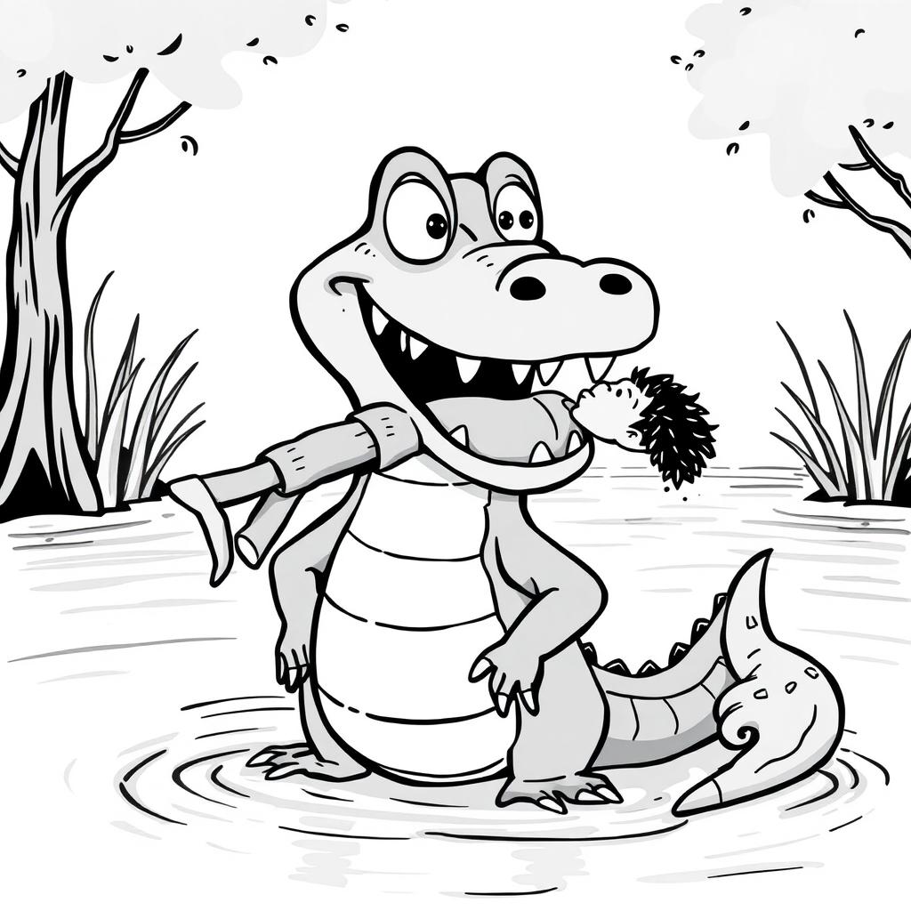 A whimsical, cartoonish black-and-white illustration of a Nile crocodile standing on the riverbank, showcasing its wide grin with a half-eaten human in its mouth