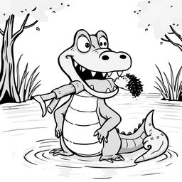 A whimsical, cartoonish black-and-white illustration of a Nile crocodile standing on the riverbank, showcasing its wide grin with a half-eaten human in its mouth