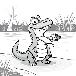 A whimsical, cartoonish black-and-white illustration of a Nile crocodile standing on the riverbank, showcasing its wide grin with a half-eaten human in its mouth