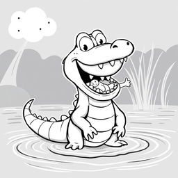 A whimsical, cartoonish black-and-white illustration of a Nile crocodile standing on the riverbank, showcasing its wide grin with a half-eaten human in its mouth