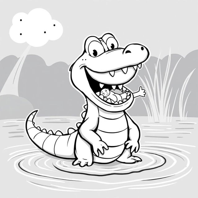 A whimsical, cartoonish black-and-white illustration of a Nile crocodile standing on the riverbank, showcasing its wide grin with a half-eaten human in its mouth