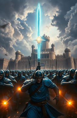 A stunning fantasy scene featuring a glowing magic sword floating majestically above the heads of an army of soldiers clad in striking blue uniforms