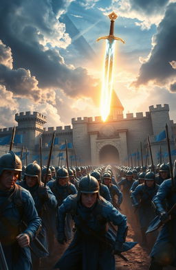 A stunning fantasy scene featuring a glowing magic sword floating majestically above the heads of an army of soldiers clad in striking blue uniforms