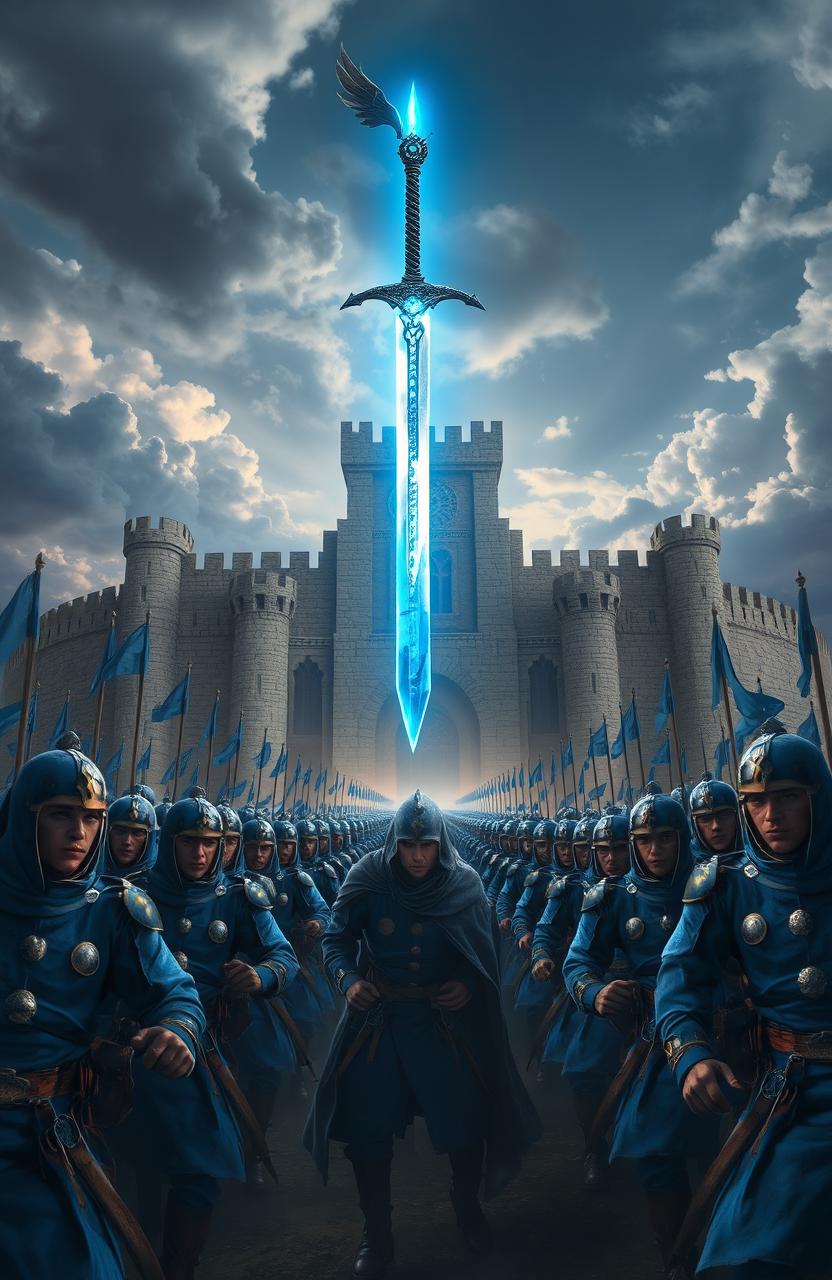 A stunning fantasy scene featuring a glowing magic sword floating majestically above the heads of an army of soldiers clad in striking blue uniforms