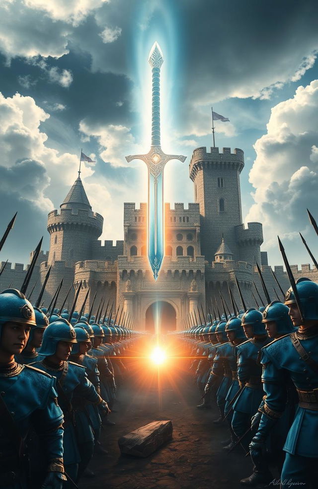 A stunning fantasy scene featuring a glowing magic sword floating majestically above the heads of an army of soldiers clad in striking blue uniforms