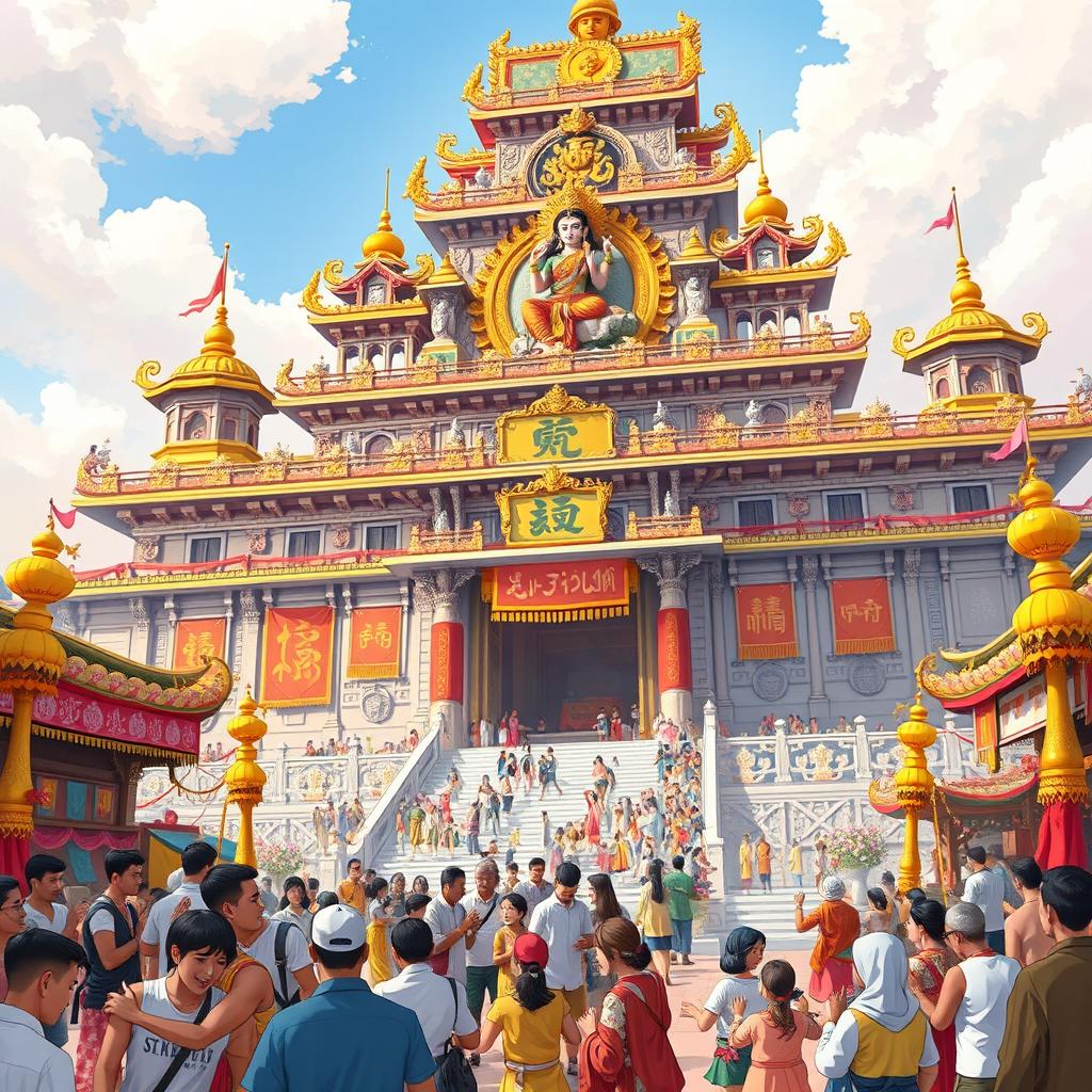 An illustration of a grand temple dedicated to the goddess of good fortune, showcasing its majestic architecture adorned with intricate carvings and symbols of prosperity