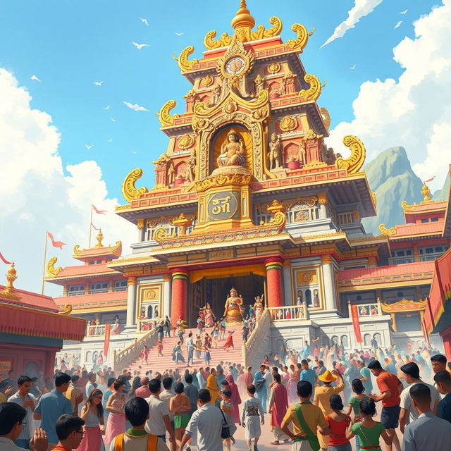 An illustration of a grand temple dedicated to the goddess of good fortune, showcasing its majestic architecture adorned with intricate carvings and symbols of prosperity