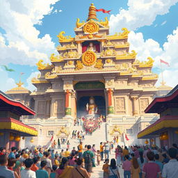 An illustration of a grand temple dedicated to the goddess of good fortune, showcasing its majestic architecture adorned with intricate carvings and symbols of prosperity
