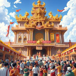 An illustration of a grand temple dedicated to the goddess of good fortune, showcasing its majestic architecture adorned with intricate carvings and symbols of prosperity