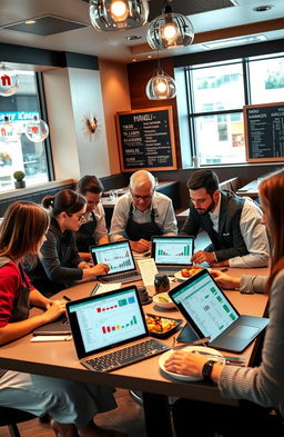 A professional and engaging scene depicting a restaurant where a menu engineering and analysis session is taking place