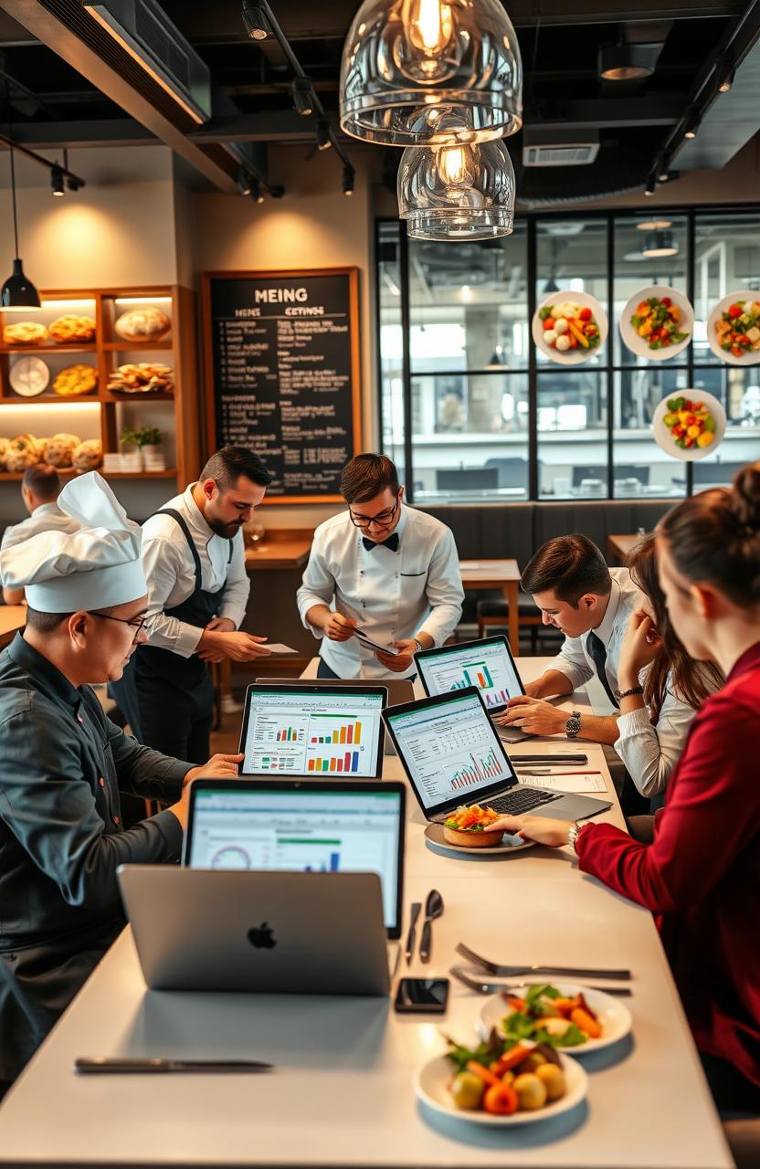 A professional and engaging scene depicting a restaurant where a menu engineering and analysis session is taking place