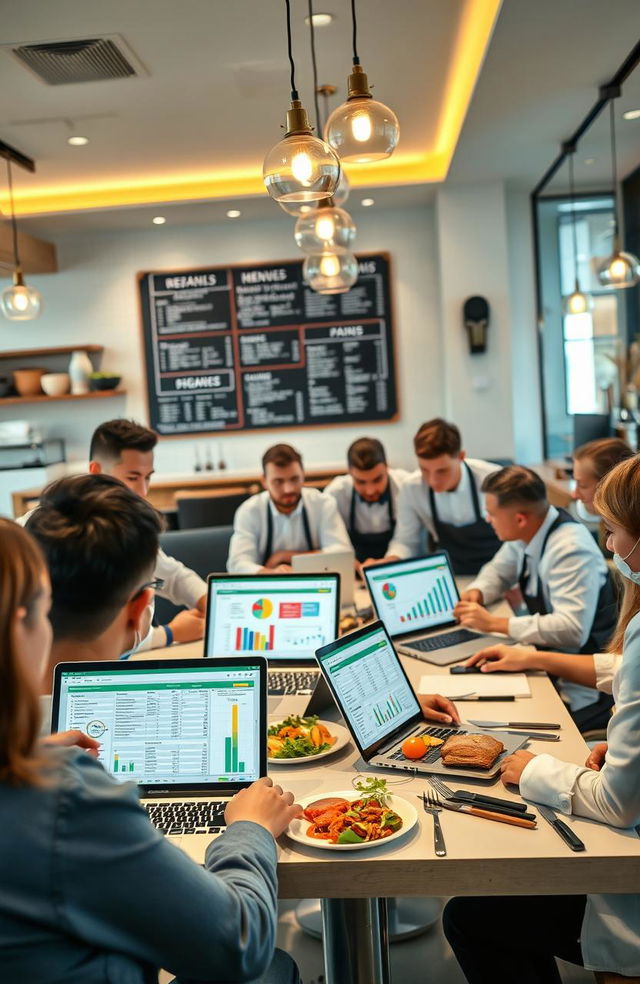 A professional and engaging scene depicting a restaurant where a menu engineering and analysis session is taking place