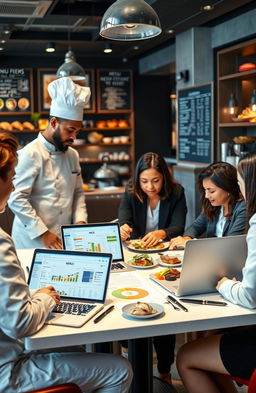 A professional and engaging scene depicting a restaurant where a menu engineering and analysis session is taking place