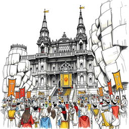 A sketch illustration of a medieval temple dedicated to the goddess of good fortune, showcasing its grand architectural features with tall spires, detailed stone carvings, and ornate entrances