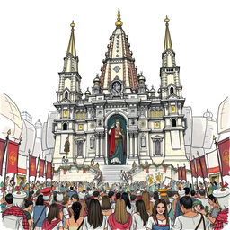 A sketch illustration of a medieval temple dedicated to the goddess of good fortune, showcasing its grand architectural features with tall spires, detailed stone carvings, and ornate entrances