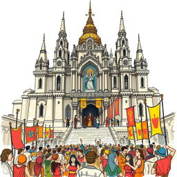 A sketch illustration of a medieval temple dedicated to the goddess of good fortune, showcasing its grand architectural features with tall spires, detailed stone carvings, and ornate entrances