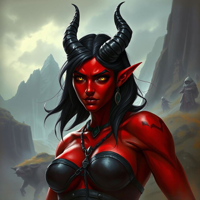 A 35-year-old female tiefling with red skin, a robust physique, and square facial features