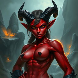 A 35-year-old female tiefling with red skin, a robust physique, and square facial features