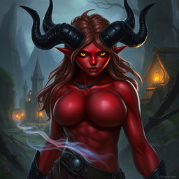 A 35-year-old female tiefling with red skin, a robust physique, and square facial features