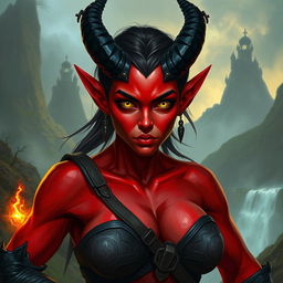 A 35-year-old female tiefling with red skin, a robust physique, and square facial features