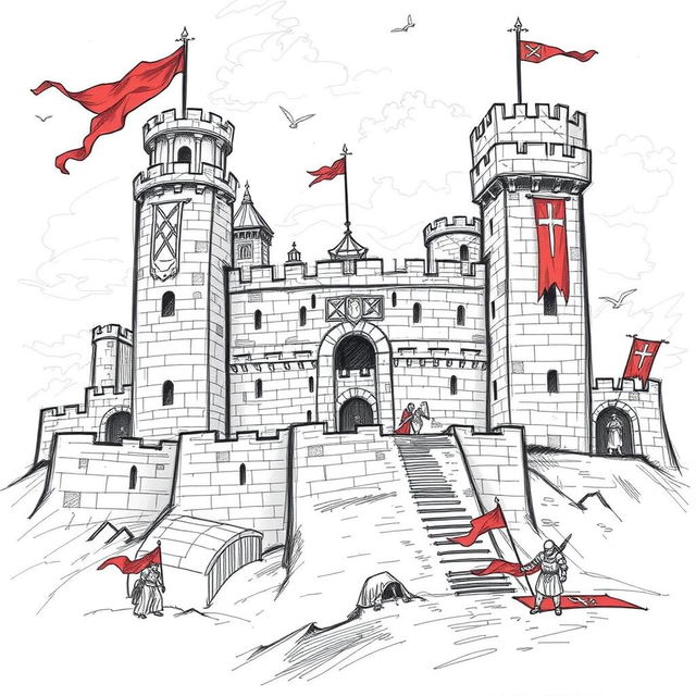 A sketch illustration of the Red Dragon Garrison, a formidable fortress that serves as the home of Suzail's military garrison and the Purple Dragons