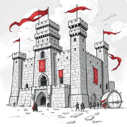 A sketch illustration of the Red Dragon Garrison, a formidable fortress that serves as the home of Suzail's military garrison and the Purple Dragons