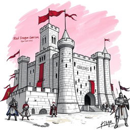 A sketch illustration of the Red Dragon Garrison, a formidable fortress that serves as the home of Suzail's military garrison and the Purple Dragons