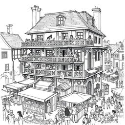 A sketch illustration of a lively inn located in the main square, near the town's gateway
