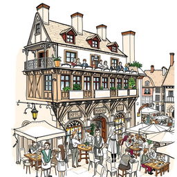 A sketch illustration of a lively inn located in the main square, near the town's gateway