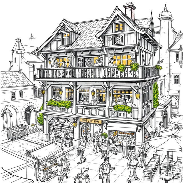 A sketch illustration of a lively inn located in the main square, near the town's gateway