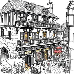 A sketch illustration of a lively inn located in the main square, near the town's gateway
