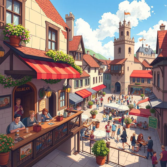 An illustration of a charming inn situated in the main square, just by the town's gateway