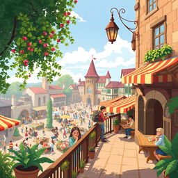 An illustration of a charming inn situated in the main square, just by the town's gateway