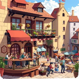 An illustration of a charming inn situated in the main square, just by the town's gateway