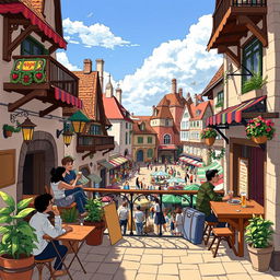 An illustration of a charming inn situated in the main square, just by the town's gateway