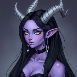 A pastel purple skinned female tiefling with long, flowing black hair that has striking white tips at the ends