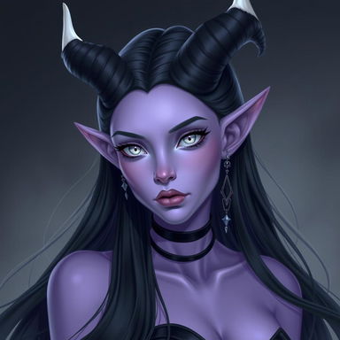 A pastel purple skinned female tiefling with long, flowing black hair that has striking white tips at the ends
