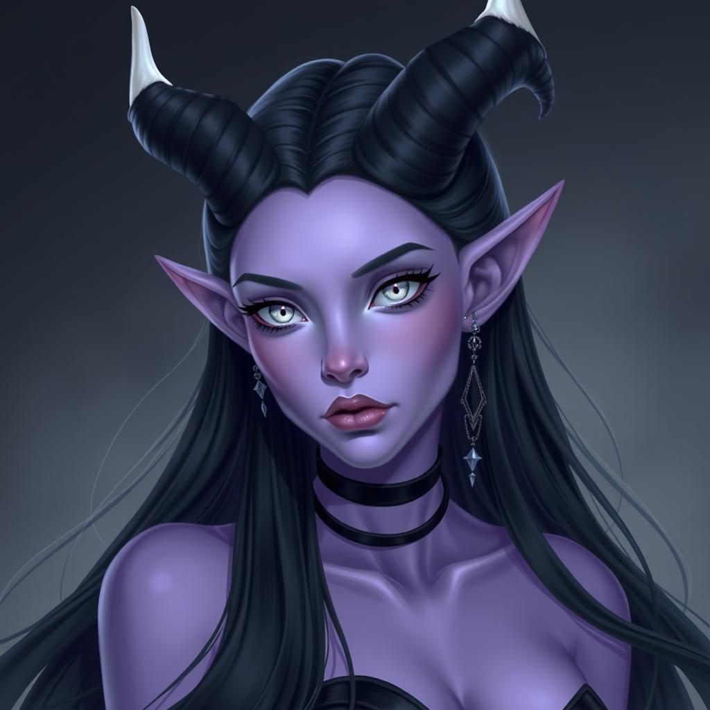 A pastel purple skinned female tiefling with long, flowing black hair that has striking white tips at the ends