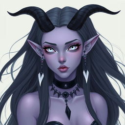 A pastel purple skinned female tiefling with long, flowing black hair that has striking white tips at the ends