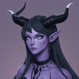 A pastel purple skinned female tiefling with long, flowing black hair that has striking white tips at the ends