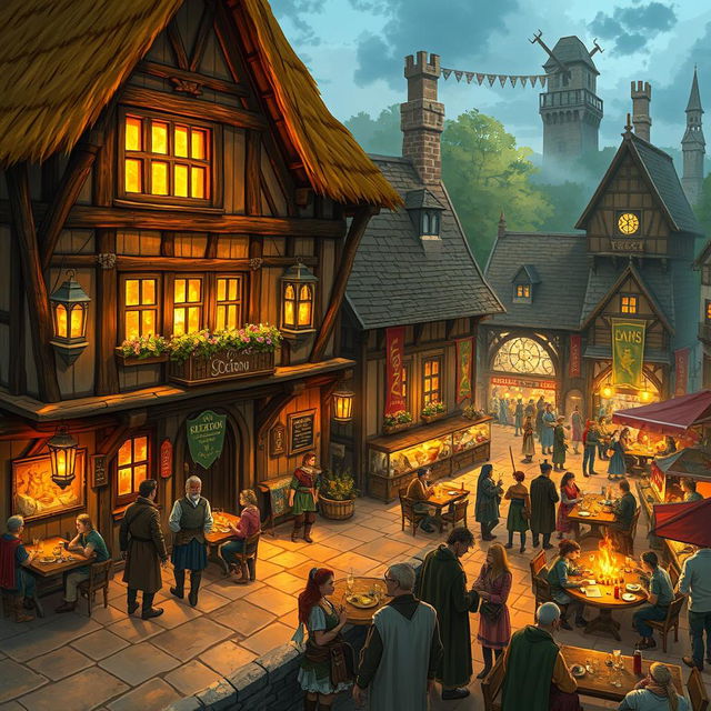 An illustration of a medieval inn set in the Dungeons and Dragons universe, situated in the vibrant main square near the town's gateway