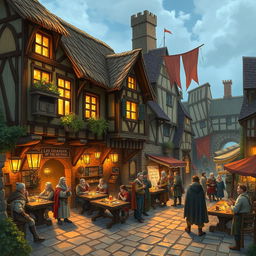 An illustration of a medieval inn set in the Dungeons and Dragons universe, situated in the vibrant main square near the town's gateway