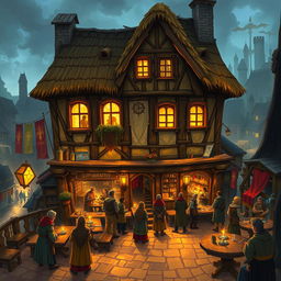 An illustration of a medieval inn set in the Dungeons and Dragons universe, situated in the vibrant main square near the town's gateway