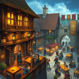 An illustration of a medieval inn set in the Dungeons and Dragons universe, situated in the vibrant main square near the town's gateway