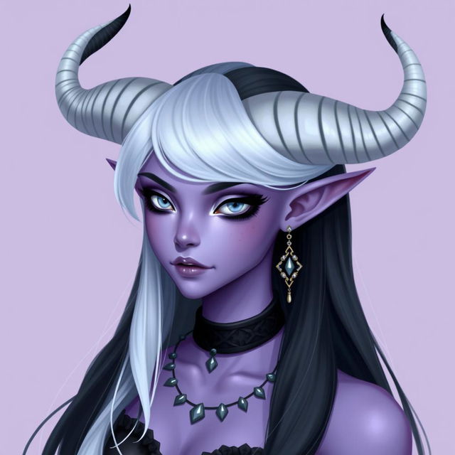 A pastel purple skinned female tiefling with long, flowing black hair featuring a stunning white ombre effect