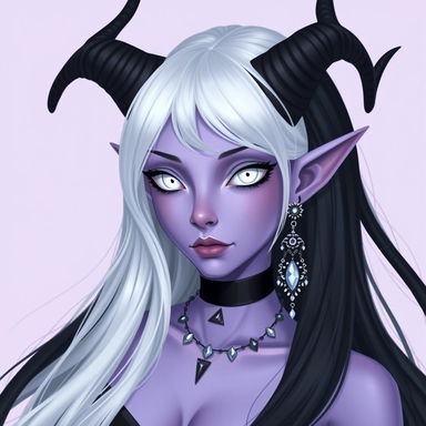 A pastel purple skinned female tiefling with long, flowing black hair featuring a stunning white ombre effect
