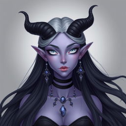 A pastel purple skinned female tiefling with long, flowing black hair featuring a stunning white ombre effect