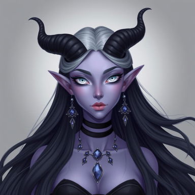 A pastel purple skinned female tiefling with long, flowing black hair featuring a stunning white ombre effect