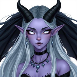 A pastel purple skinned female tiefling with long, flowing black hair featuring a stunning white ombre effect